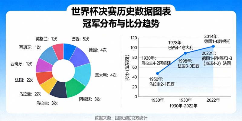 世界杯决赛历史数据图表可视化展示 - 冠军分布与比分趋势